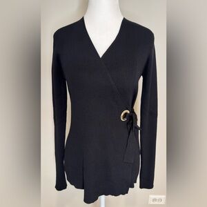 NWT B My Story Black Ribbed Long Sleeve Wrap Sweater Gold Buckle Detail Size L